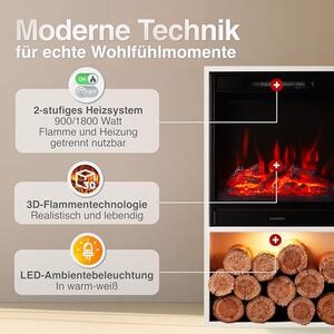 Elektrický krb Hugo – Elektrický krb s topením, 3D efekt plamenů, LED ambientní osvětlení, prostor pro dřevo, dálkové ovládání (bílý)
