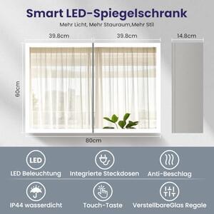 Zrcadlová skříňka do koupelny s osvětlením, rozměry 80x14,5x60 cm, hliníková konstrukce. Koupelnová skříňka se zrcadlem a LED osvětlením, šířka 80 cm, dvoudveřová, s úložným prostorem, nástěnná, s dotykovým spínačem