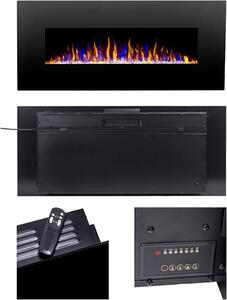 Elektrický krb, skleněný panel, nástěnná instalace, topení, elektrický krb, montáž na zeď, LED plamen s možností změny barvy, více dekorativních možností, dálkové ovládání, výška 152 cm, černá barva