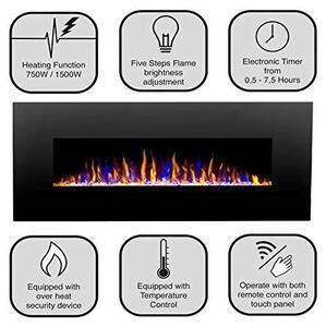 Elektrický krb, skleněný panel, nástěnná instalace, topení, elektrický krb, montáž na zeď, LED plamen s možností změny barvy, více dekorativních možností, dálkové ovládání, výška 152 cm, černá barva