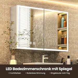 Zrcadlová skříňka do koupelny s osvětlením, rozměry 80x14,5x60 cm, hliníková konstrukce. Koupelnová skříňka se zrcadlem a LED osvětlením, šířka 80 cm, dvoudveřová, s úložným prostorem, nástěnná, s dotykovým spínačem