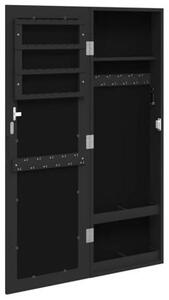 Zrcadlová skříňka na zeď, černá, rozměry 30 x 8,5 x 90 cm, materiál: dřevovláknitá deska, vnitřní výstelka z textilu, uzamykatelná, s háčky a policemi, vhodná do ložnice, koupelny a chodby