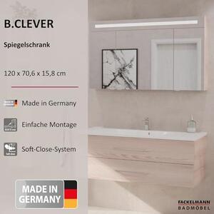 B.CLEVER Zrcadlová skříňka – 120 x 70,5 x 15,5 – Moderní koupelnová skříňka v světlém hnědém provedení s LED osvětlením a funkcí jemného zavírání, vyrobeno v Německu