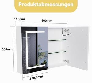 Zrcadlová skříňka do koupelny s osvětlením, šířka 80 cm, dvoudveřová. Koupelnová skříňka se zrcadlem, LED skříňka do koupelny se zrcadlem a úložným prostorem, dotykový spínač, nástěnná skříňka, bílá barva