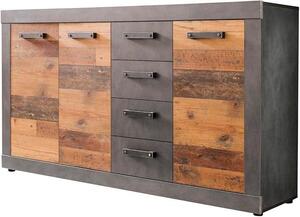 - Indy - Komoda - Grafitová barva/Imitace starého dubu - 4 zásuvky, 4 přihrádky - (ŠxVxH) 151 x 86 x 37 cm - Komoda v rustikálním stylu