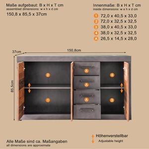- Indy - Komoda - Grafitová barva/Imitace starého dubu - 4 zásuvky, 4 přihrádky - (ŠxVxH) 151 x 86 x 37 cm - Komoda v rustikálním stylu