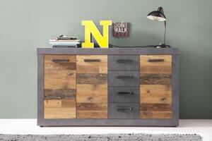 - Indy - Komoda - Grafitová barva/Imitace starého dubu - 4 zásuvky, 4 přihrádky - (ŠxVxH) 151 x 86 x 37 cm - Komoda v rustikálním stylu