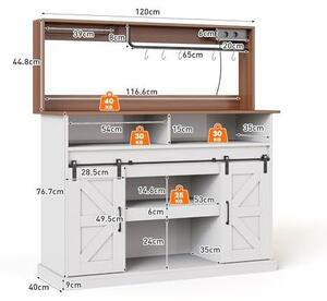 Vysoká skříň s posuvnými dveřmi a zásuvkami, 120 cm. Kávový bar s úložným prostorem, držáky na sklenice a 2 zásuvkami AC a 2 USB porty. Multifunkční kuchyňská skříň vhodná do kuchyně i obývacího pokoje