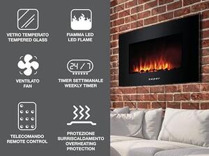 Elektrický nástěnný krb, s dálkovým ovládáním, efekt plamene s 5 úrovněmi intenzity, týdenní časovač, vytváří útulnou atmosféru, režim topení s nastavením teploty, černý