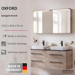 Zrcadlová skříňka Oxford s LED osvětlením – rozměry 120 x 70 x 20 cm, barva světle hnědá, 2 dveře s vnitřním zrcadlem a 4 skleněnými policemi, elektrická zásuvka s vypínačem, vyrobeno v Německu