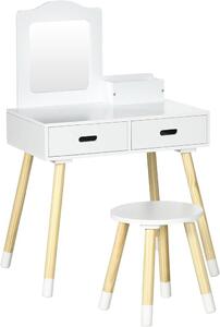 Dětský toaletní stolek s židličkou, zrcadlem a dvěma zásuvkami, vhodný pro děti ve věku 3–6 let – rozměry 60 x 40 x 95 cm – bílá barva a dřevo | Toaletní stolek, zrcadlo, 2 zásuvky