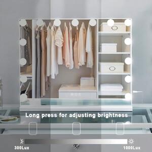 Zrcadlo s osvětlením pro líčení s 15 LED lampami, rozměry 58x46 cm. Hollywoodské zrcadlo s USB typu C, 3 režimy osvětlení, 10x zvětšovací zrcátko, tvrzené sklo, ideální pro toaletní stolek a ložnici