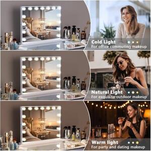 Zrcadlo s osvětlením pro líčení s 15 LED lampami, rozměry 58x46 cm. Hollywoodské zrcadlo s USB typu C, 3 režimy osvětlení, 10x zvětšovací zrcátko, tvrzené sklo, ideální pro toaletní stolek a ložnici