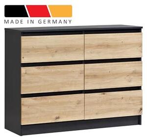 Komoda se 6 zásuvkami, barva antracit, Imitace dřeva Artisan Oak. Skříň se zásuvkami, komoda, vysoká komoda, nábytek do obývacího pokoje, ložnice, chodby, kanceláře. Organizér. Šířka 95 cm, výška 78 cm