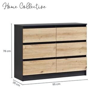 Komoda se 6 zásuvkami, barva antracit, Imitace dřeva Artisan Oak. Skříň se zásuvkami, komoda, vysoká komoda, nábytek do obývacího pokoje, ložnice, chodby, kanceláře. Organizér. Šířka 95 cm, výška 78 cm