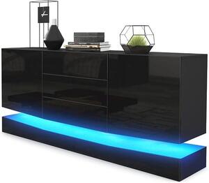 Komoda Sideboard City, vyrobená v Německu, černá matná/černá lesklá, včetně LED osvětlení – moderní komoda do obývacího pokoje (178 x 72 x 38 cm)