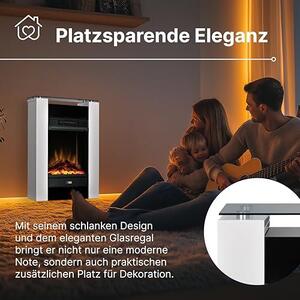 Gisella Elektrický krb - Elektrický krb s topením, bílým rámem a skleněnou policí - LED efekt plamene - Volitelný topný ventilátor o výkonu 1,5 kW - Součástí balení je dálkové ovládání