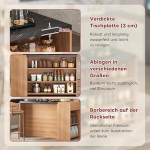 Samostatný kuchyňský ostrůvek s pracovní deskou. Kuchyňský ostrůvek se zásuvkou. Buffetschrank. Kuchyňská linka v barvě dubu a černé, s povrchem imitujícím mramor