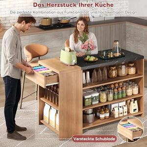 Samostatný kuchyňský ostrůvek s pracovní deskou. Kuchyňský ostrůvek se zásuvkou. Buffetschrank. Kuchyňská linka v barvě dubu a černé, s povrchem imitujícím mramor