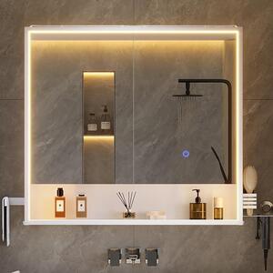 Zrcadlová skříňka s LED osvětlením, 2 dveře, rozměry 80x78x18 cm, zásuvka, dotykový senzor a 3 nastavitelné teploty světla – včetně držáku na fén, držáku na ručník a nastavitelné vnitřní police – bílá barva