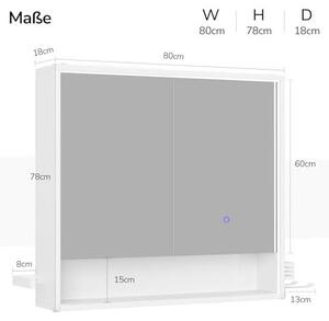 Zrcadlová skříňka s LED osvětlením, 2 dveře, rozměry 80x78x18 cm, zásuvka, dotykový senzor a 3 nastavitelné teploty světla – včetně držáku na fén, držáku na ručník a nastavitelné vnitřní police – bílá barva