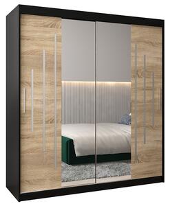 Šatní skříň s posuvnými dveřmi a dvoudílným zrcadlem YORK1 - 180x200cm -Černá-Dub Sonoma-