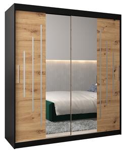 Šatní skříň s posuvnými dveřmi a dvoudílným zrcadlem YORK1 - 180x200cm -Černá-Dub Artisan-