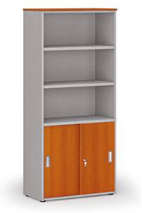 Kombinovaná kancelářská skříň PRIMO GRAY, zasouvací dveře na 2 patra, 800 x 420 x 1781 mm, šedá/třešeň