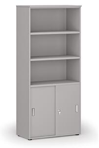 Kombinovaná kancelářská skříň PRIMO GRAY, zasouvací dveře na 2 patra, 800 x 420 x 1781 mm, šedá