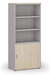 Kombinovaná kancelářská skříň PRIMO GRAY, zasouvací dveře na 2 patra, 800 x 420 x 1781 mm, šedá/dub přírodní