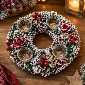 Přírodní adventní věnec červený zasněžený se skleněnými kalíšky – průměr 32 cm 3001202
