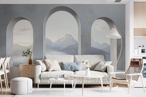 Fototapeta Bílý pokoj s klenutými okny a horami v pozadí, Fototapety s okny, Populární fototapety, w02510 - Tapeko.co.cz