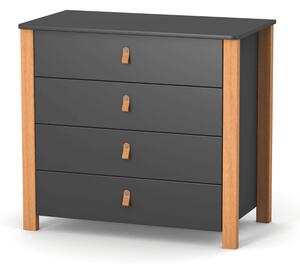 Komoda se 4 zásuvkami Zukko Gekko. 90x50x85cm. Tmavě šedá / Přírodní buk