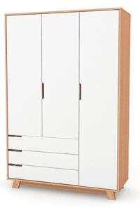 Třídveřová šatní skříň Lussi Gekko. 120x47x182cm. Bílá / Přírodní Buk