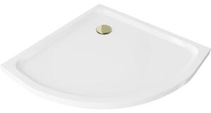Mexen Flat, čtvrtkruhová akrylátová sprchová vanička 100x100x5 cm SLIM, bílá, zlatý sifon, 41101010G