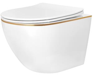 Rea Carlo Mini Tornado NF, závěsná WC mísa 490x365x350mm + toaletní sedátko, bílá-zlatý okraj, REA-C6806
