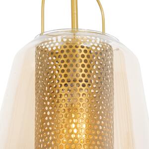 Art deco závěsná lampa zlatá s jantarovým sklem 23 cm - Kevin