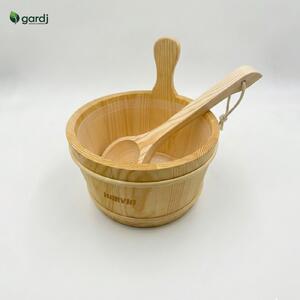 Dřevěný saunový kbelík SAWO 4 l a borovicová naběračka 36 cm – klasická sada saunového příslušenství