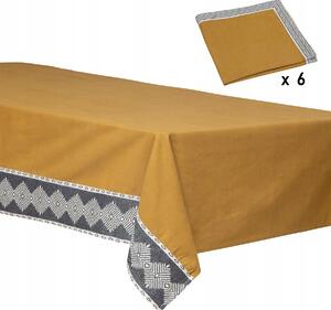 BAVLNĚNÝ UBRUS OBDÉLNÍKOVÝ ŽLUTÝ OKR 150 x 250 cm + 6 UBROUSKŮ