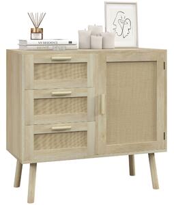 HOMCOM Univerzální skříňka v boho stylu s dvířky a 3 zásuvkami z dřeva a ratanu pro obývací pokoj a předsíň, 80x36x75cm, Dub | Aosom