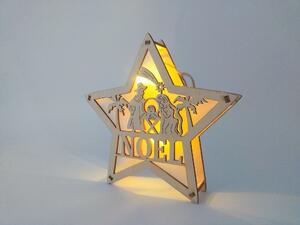 LED světelná dřevěná dekorace, hvězda s vyrytou svatou rodinou, 15x15cm