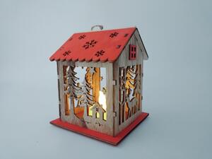 LED světelná dřevěná dekorace, červený domeček s sobem a lesem, 10x10x12cm