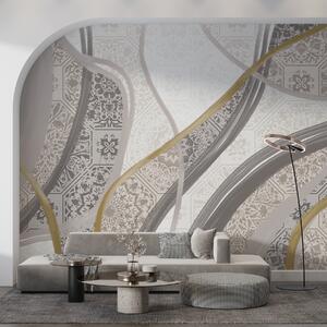Fototapety Abstraktní malba s geometrickými vzory a zakřivenými liniemi v béžové, šedé a žluté barvě, Fototapety moderní, w08837 : uwalls.cz