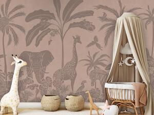Dětská tapeta džungle – Monochrome Jungle Vintage pink | Fugu Materiál: Samolepicí tkaný eko materiál - samolepicí tapeta