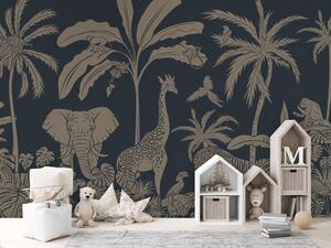 Dětská tapeta džungle – Monochrome Jungle Vintage blue | Fugu Materiál: Digitální eko vlies - klasická tapeta nesamolepicí