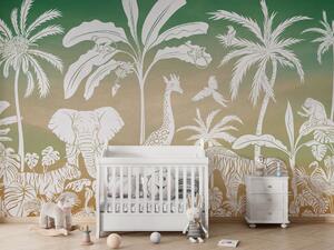 Dětská tapeta džungle – Monochrome Jungle Green sky | Fugu Materiál: Digitální eko vlies - klasická tapeta nesamolepicí