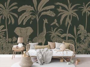 Dětská tapeta džungle – Monochrome Jungle Vintage green | Fugu Materiál: Digitální eko vlies - klasická tapeta nesamolepicí