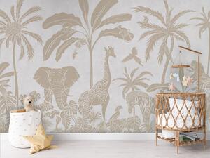 Dětská tapeta džungle – Monochrome Jungle Vintage white | Fugu Materiál: Digitální eko vlies - klasická tapeta nesamolepicí