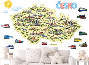 Mapa Česko vlaky budovy nálepky na zeď přelepitelné arch 75 x 43 cm