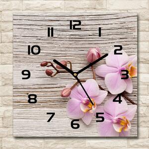 Skleněné hodiny čtverec Orchidej na dřevě pl_zsk_30x30_c-f_62495656